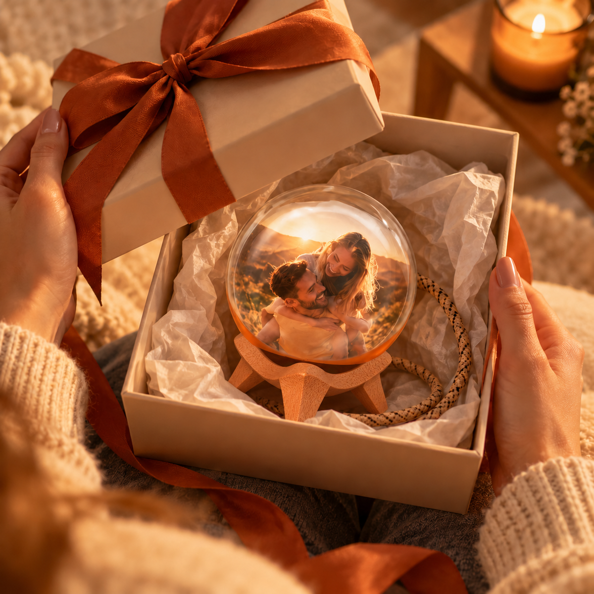 Memory orb inside a gift box with a terracotta ribbon