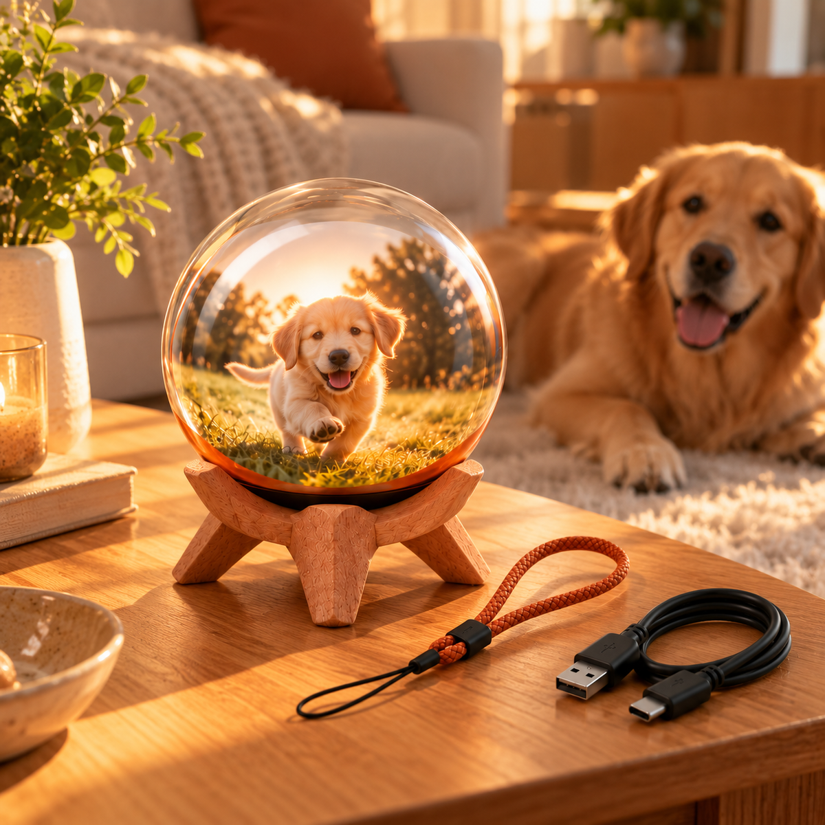Memory orb playing a puppy video next to the grown-up dog