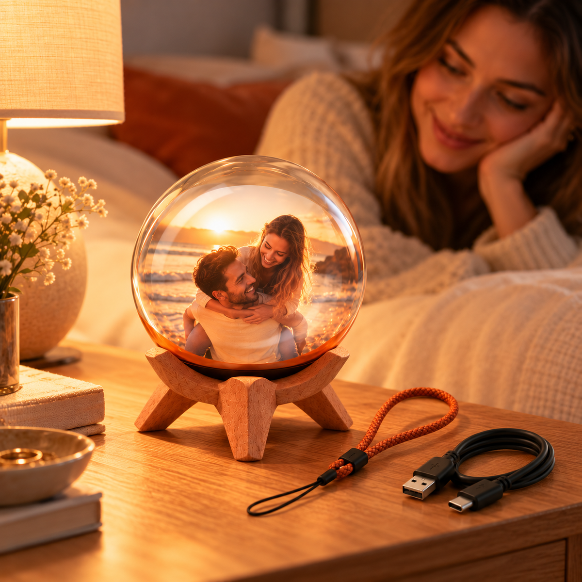 FavoriteMoments memory orb playing a couple's video on a bedside table