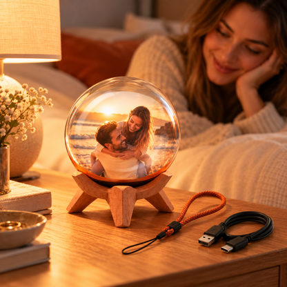 FavoriteMoments memory orb playing a couple's video on a bedside table