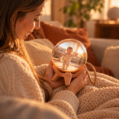 Mother holding the memory orb playing her baby's first steps